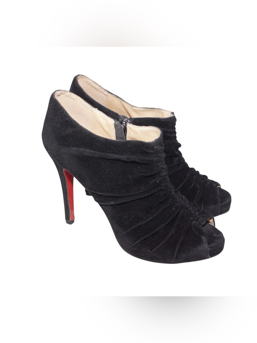 Christian Louboutin Black Suede Peep Toe Ruffle Heels Booties Red Bottoms 40